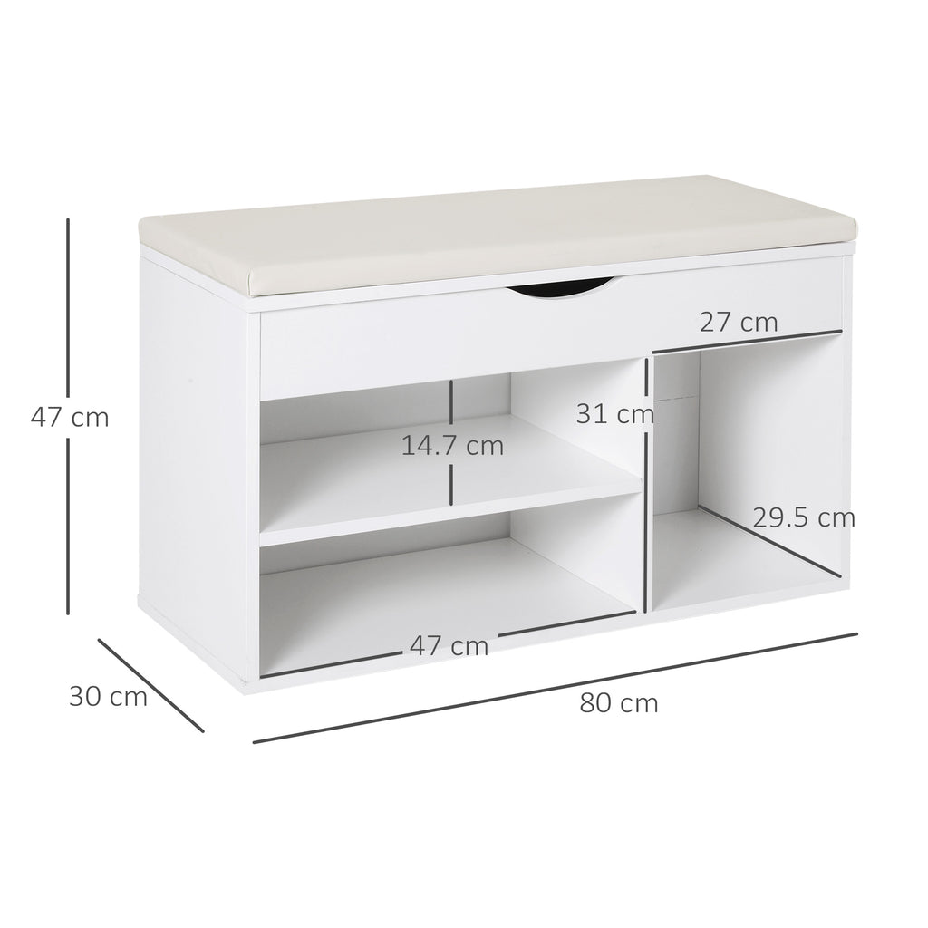 HOMCOM Shoe Bench, Space-Saving Entryway Shoe Rack with Folding Padded Seat, Wood, 80x30x47cm, White