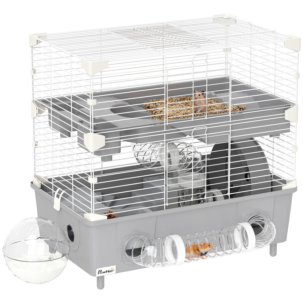 2-Tier, 3-Door Hamster Cage with Wheel and Tubes, Steel, PS and PP, 44.5x28x44 cm, Grey and White