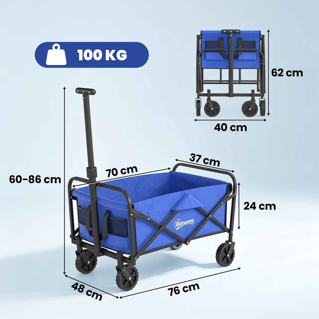 Outsunny 62L Folding Garden Cart with Adjustable Handle, Metal and Oxford Fabric, 76x48x86 cm, Blue