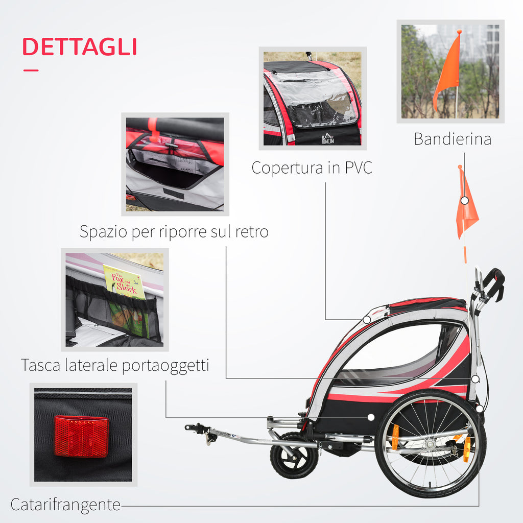 Kids Bike Trailer and Stroller, 2-in-1 Design with Brake, 5-Point Harness, Bicycle Trailer with Side Pockets, Reflectors and Flag, Red