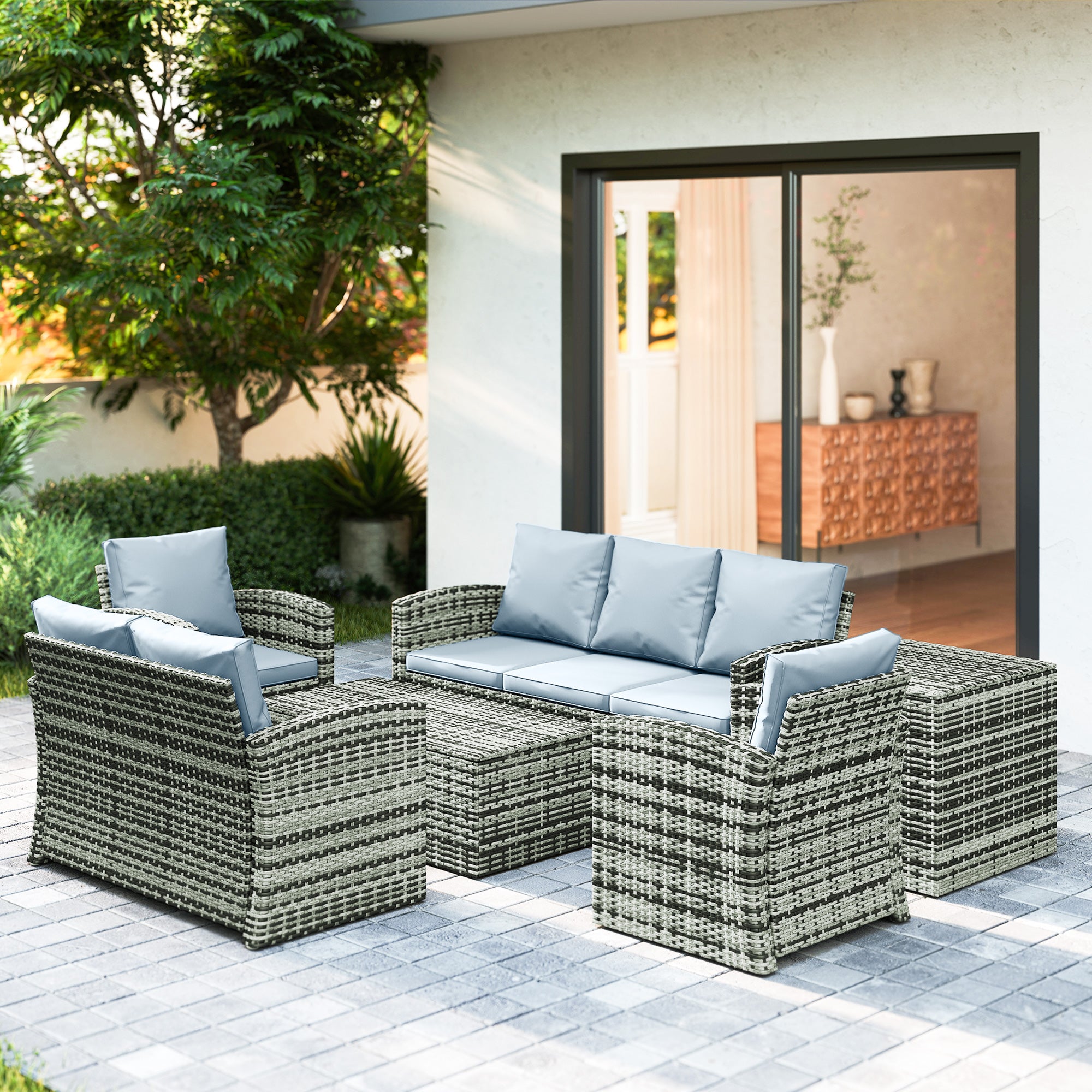 6-Piece Outdoor Set with 2 Storage Tables, 2 Sofas and 2 Armchairs, in Rattan and Steel, Grey