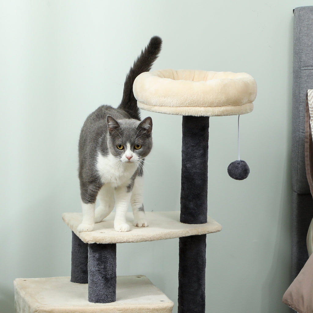 92cm Cat Tree with House, Bed, Sisal Posts and Ball, Cream White