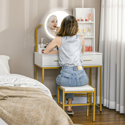 Dressing Table Makeup Table with LED Illuminated Mirror and Stool, Drawers and Shelves, White