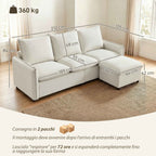 3-Seater Modular Corner Sofa in Breathable Leather-Effect Fabric with Storage, Footrest, Cushions, Cream