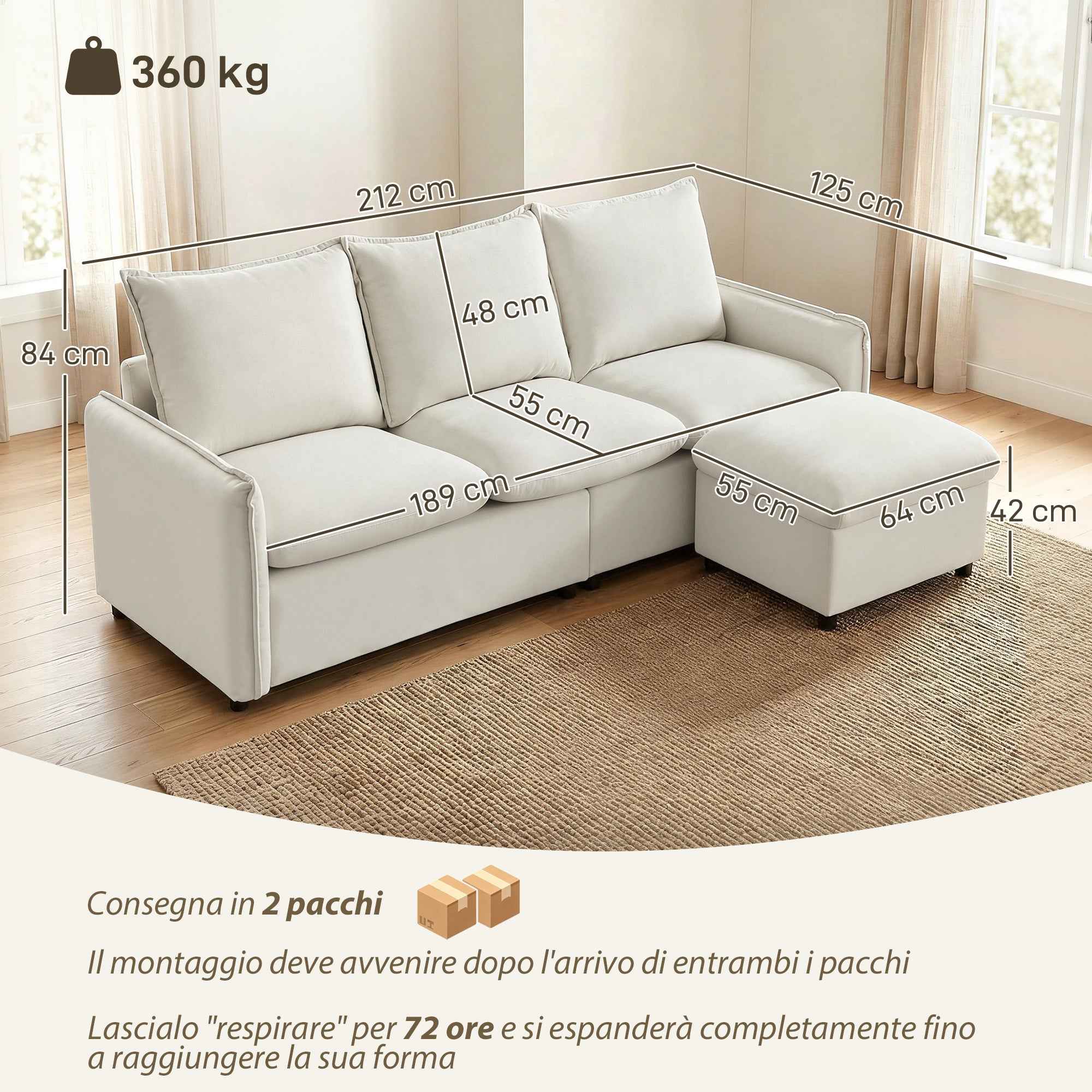 3-Seater Modular Corner Sofa in Breathable Leather-Effect Fabric with Storage, Footrest, Cushions, Cream