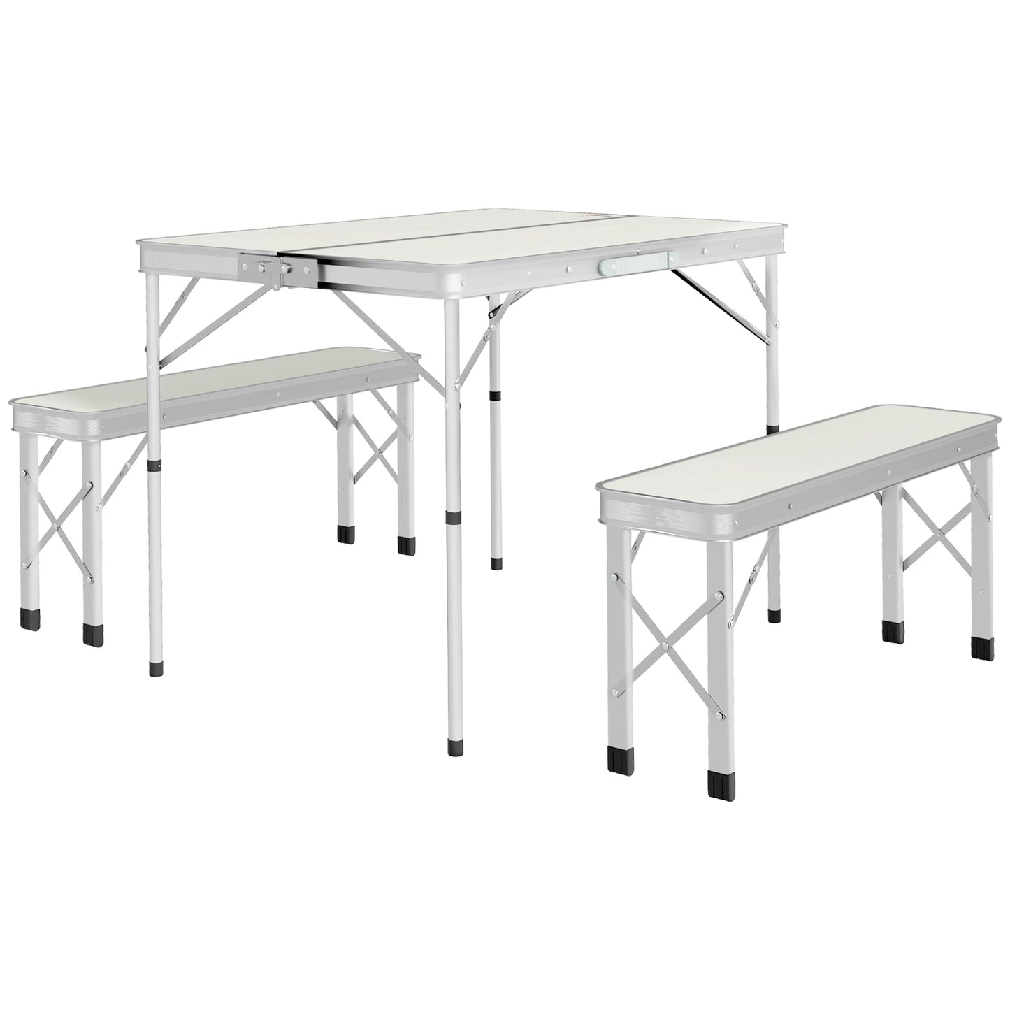 Outsunny Folding Picnic Table 90x62x70 cm with 2 Outdoor Benches 86x23x40 cm, in MDF and Aluminium, Silver - Borgè