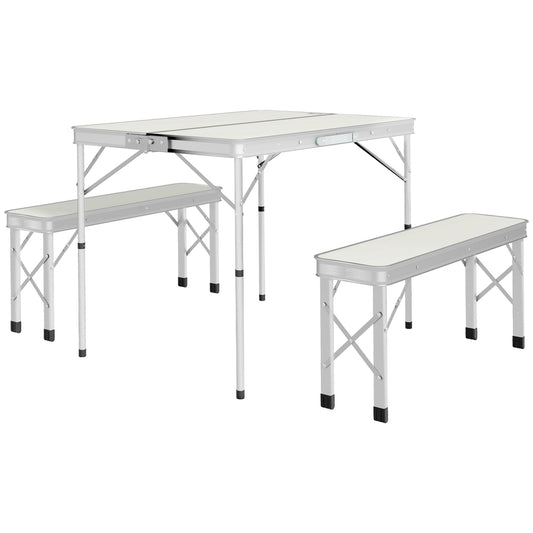 Outsunny Folding Picnic Table 90x62x70 cm with 2 Outdoor Benches 86x23x40 cm, in MDF and Aluminium, Silver