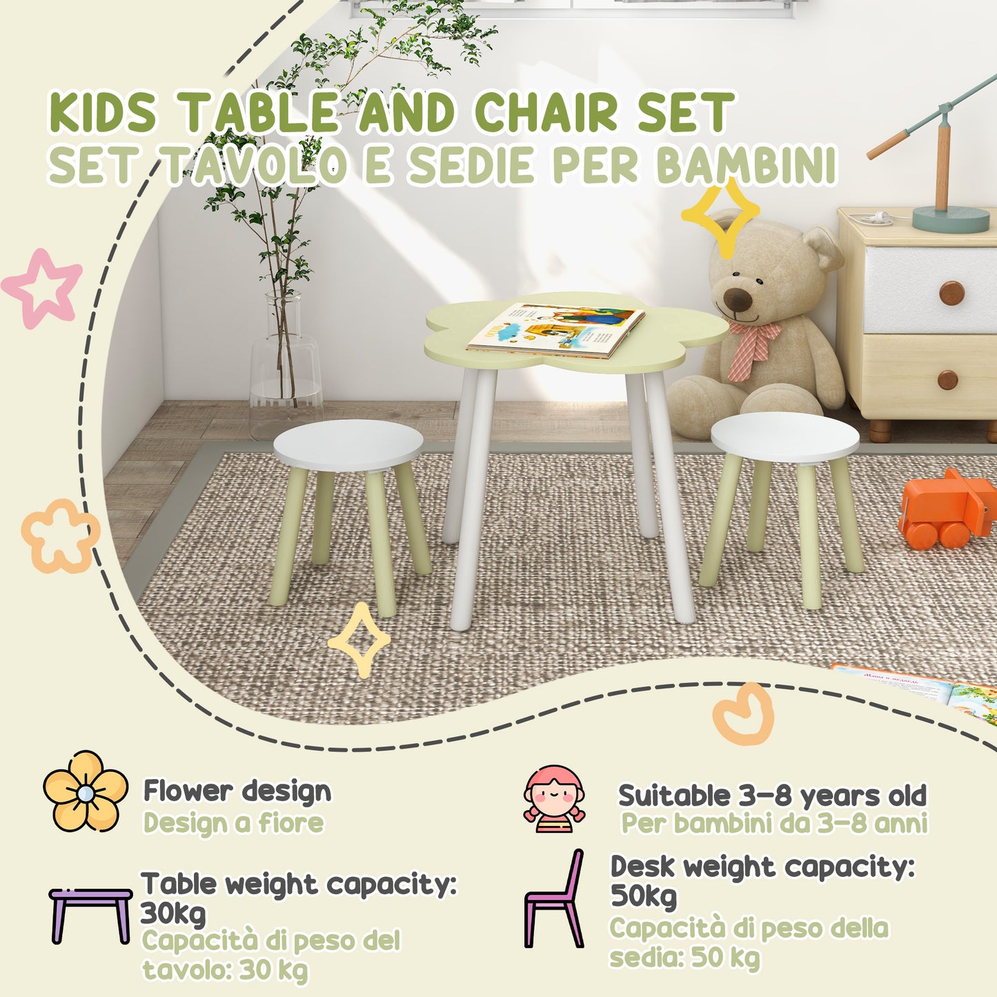 Table and Chair Set for Children 2-5 Years, 3 pieces in MDF and Pine Wood with Flower Design, Yellow and White