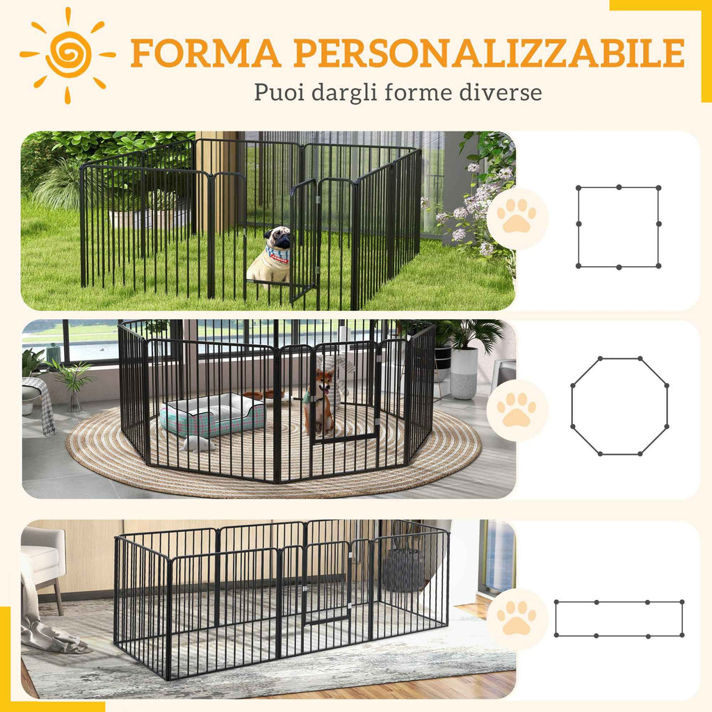 PawHut 8-Panel Modular Indoor/Outdoor Dog Kennel with 9 Pegs, Steel, 164x164x80 cm, Black