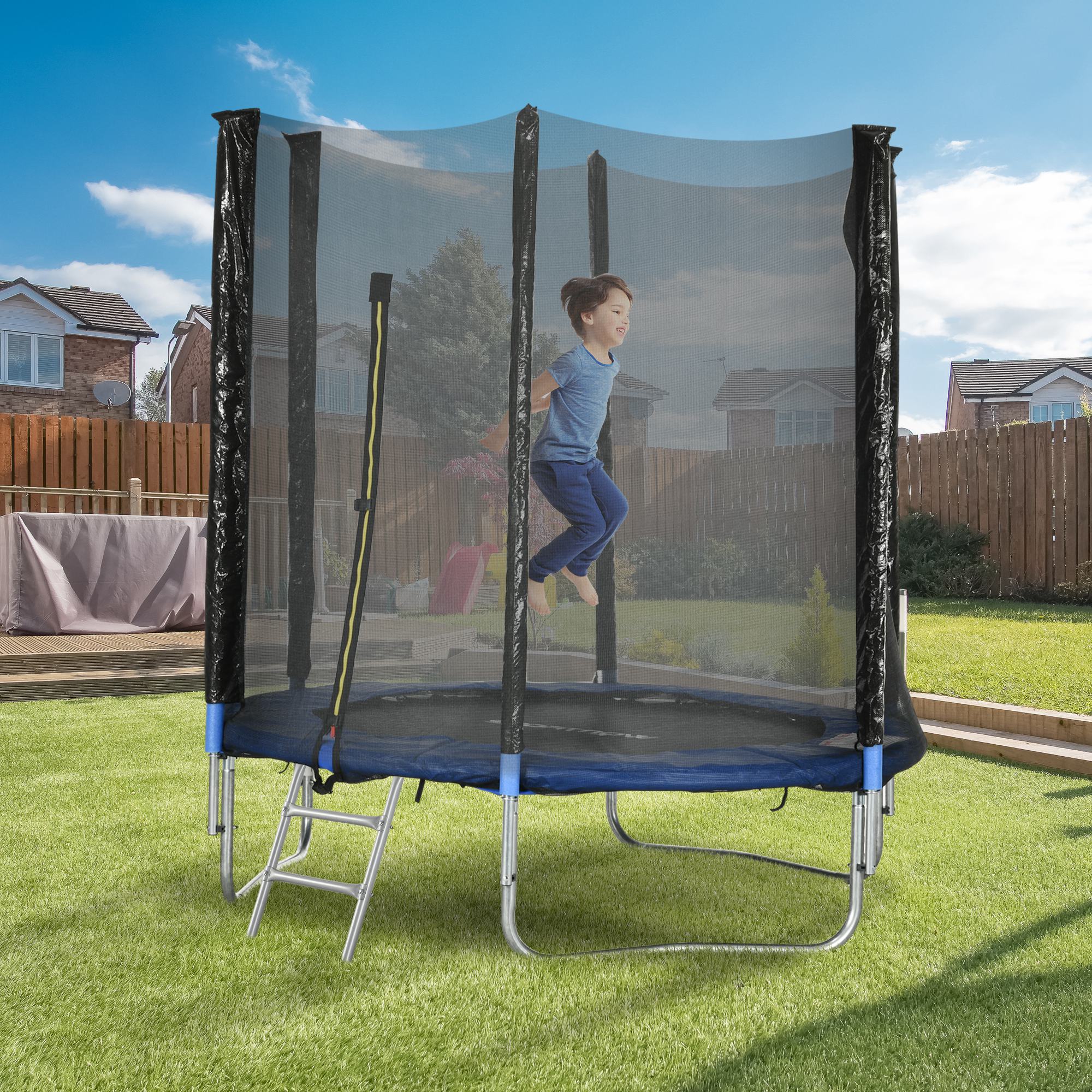 SportNow elastic trampoline with ladder and safety network, in steel and plastic, Ø180x200 cm, blue - Borgè