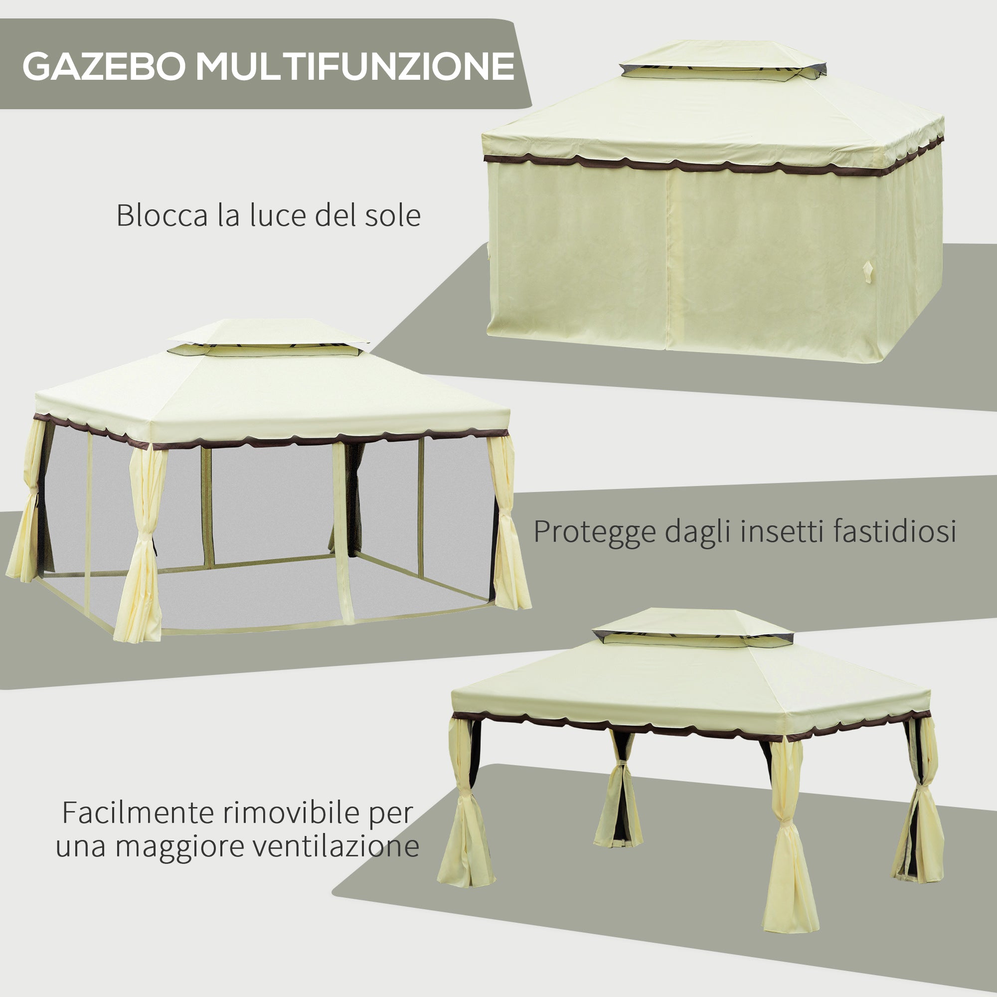 Outsunny 4x3m Garden Gazebo with Mosquito Net and Curtains, Double Roof and Anti-UV Coating, Cream