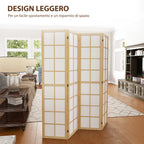 4-Panel Folding Room Divider in Wood and Fabric, 160x170 cm, Wood and White Color