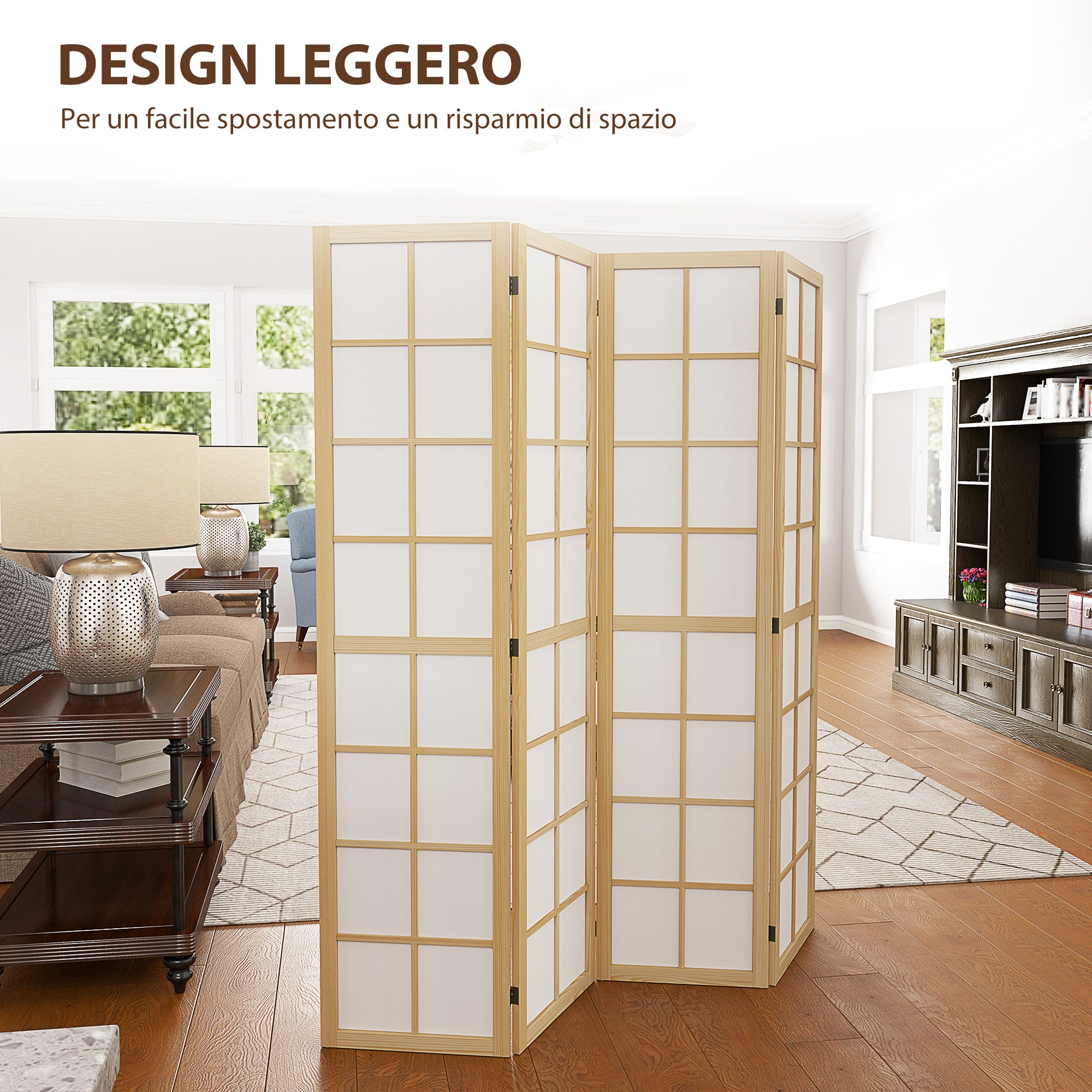 4-Panel Folding Room Divider in Wood and Fabric, 160x170 cm, Wood and White Color