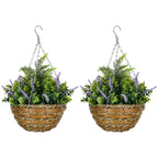 Set of 2 artificial Lavender Plants with Pot and Hook, in PE and Wicker, Ø25x34 cm, Green and Purple