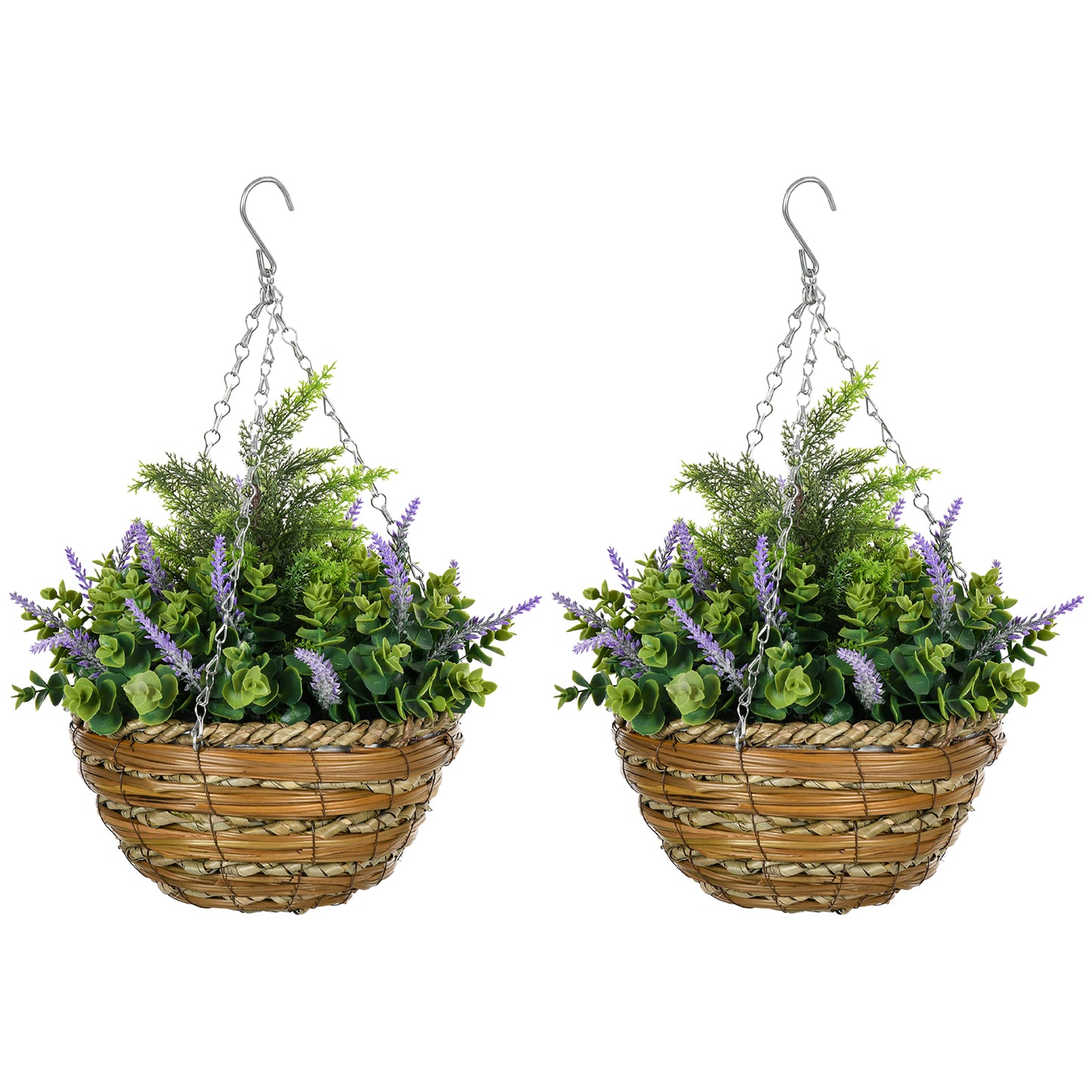 Set of 2 artificial Lavender Plants with Pot and Hook, in PE and Wicker, Ø25x34 cm, Green and Purple