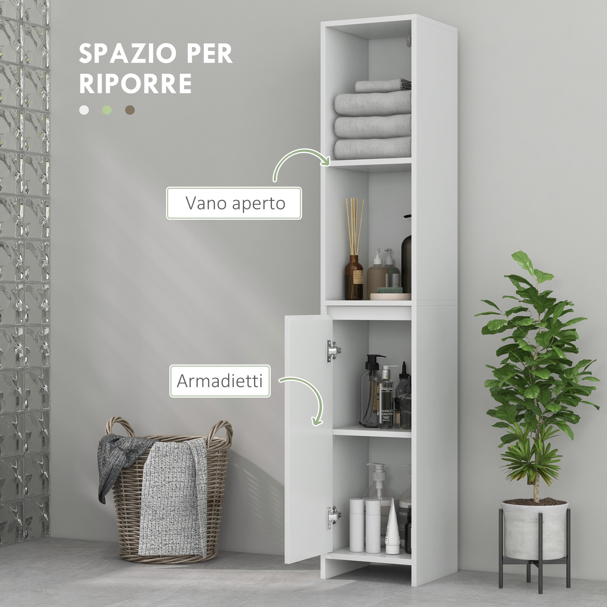 Space-Saving Bathroom Column with Cabinet and 2 Open Compartments, 30x30x160cm, White