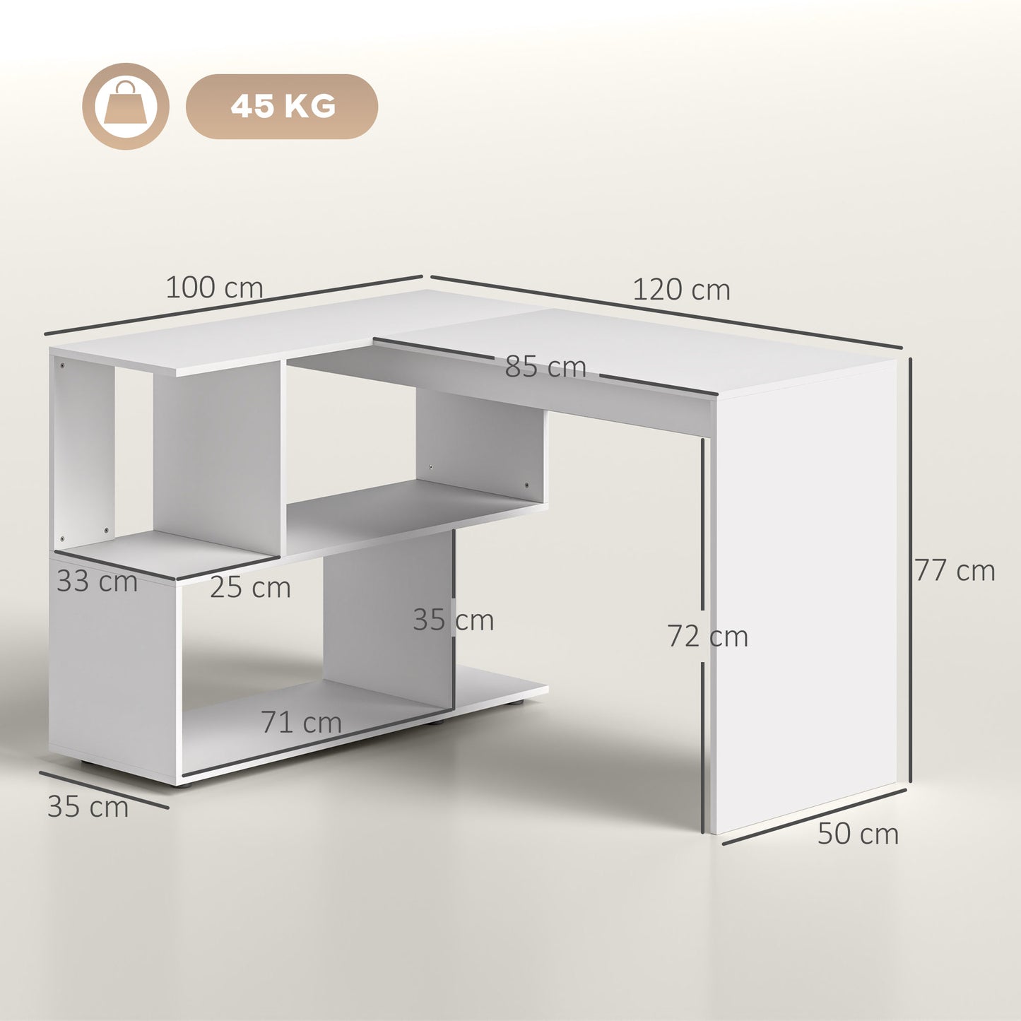 Modern Corner Office Desk with 4 Shelves in White Wood, 120x100x77 cm