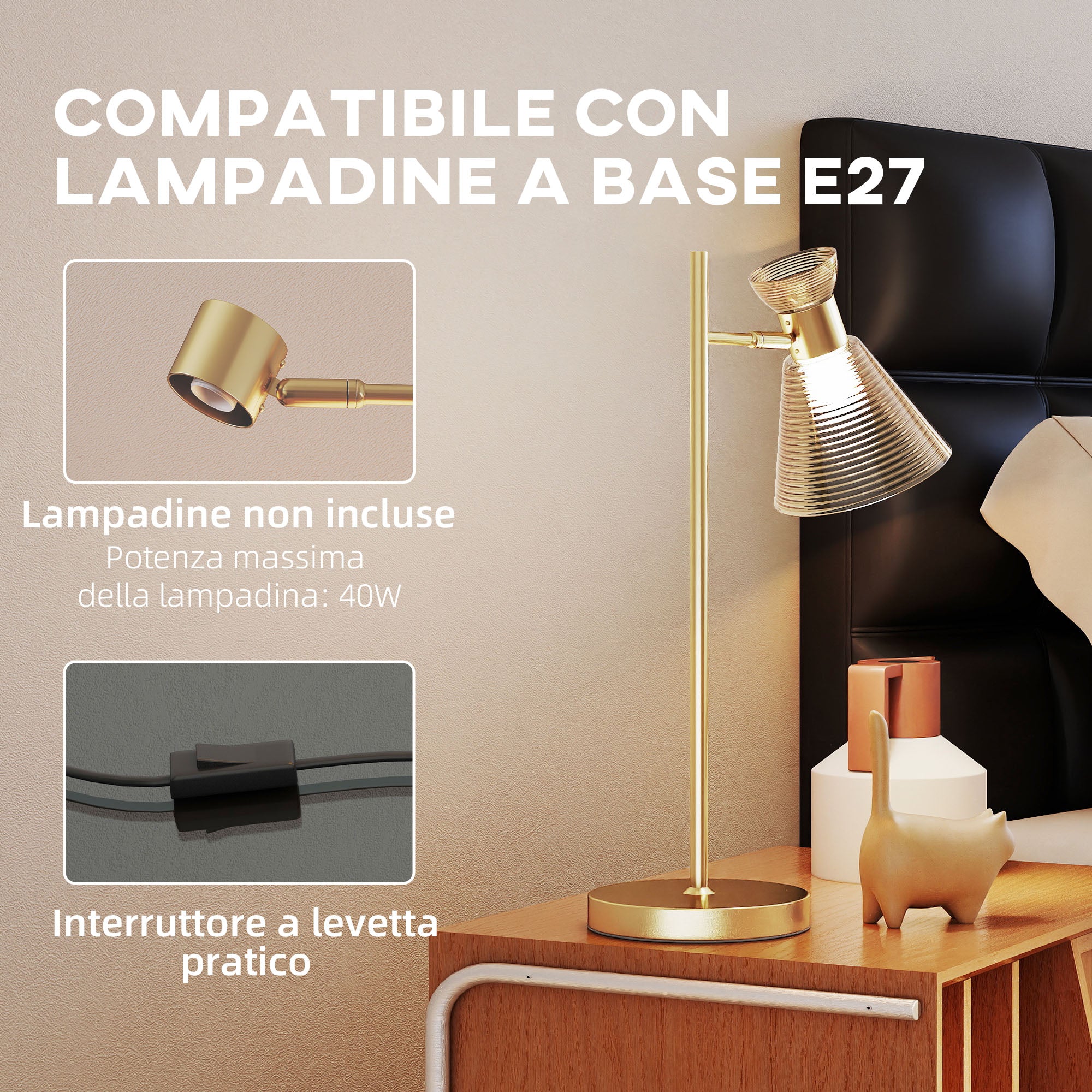 Modern Table Lamp with Adjustable Amber and Satin Glass Lampshade, E27 Socket, Gold