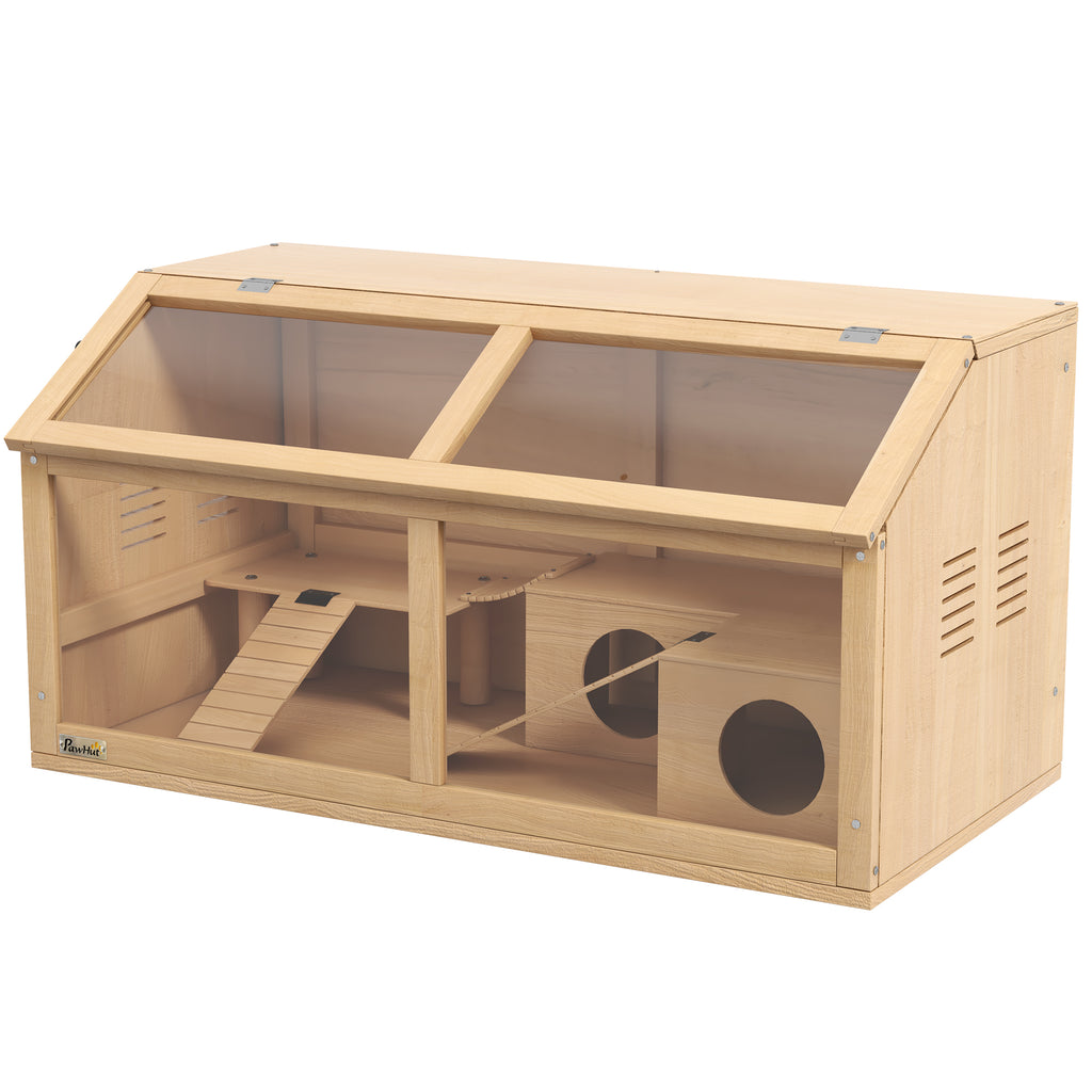 Hamster Cage with Platform, Ladders, Hut and Bridge, in Fir Wood, 85x45x44 cm - Borgè