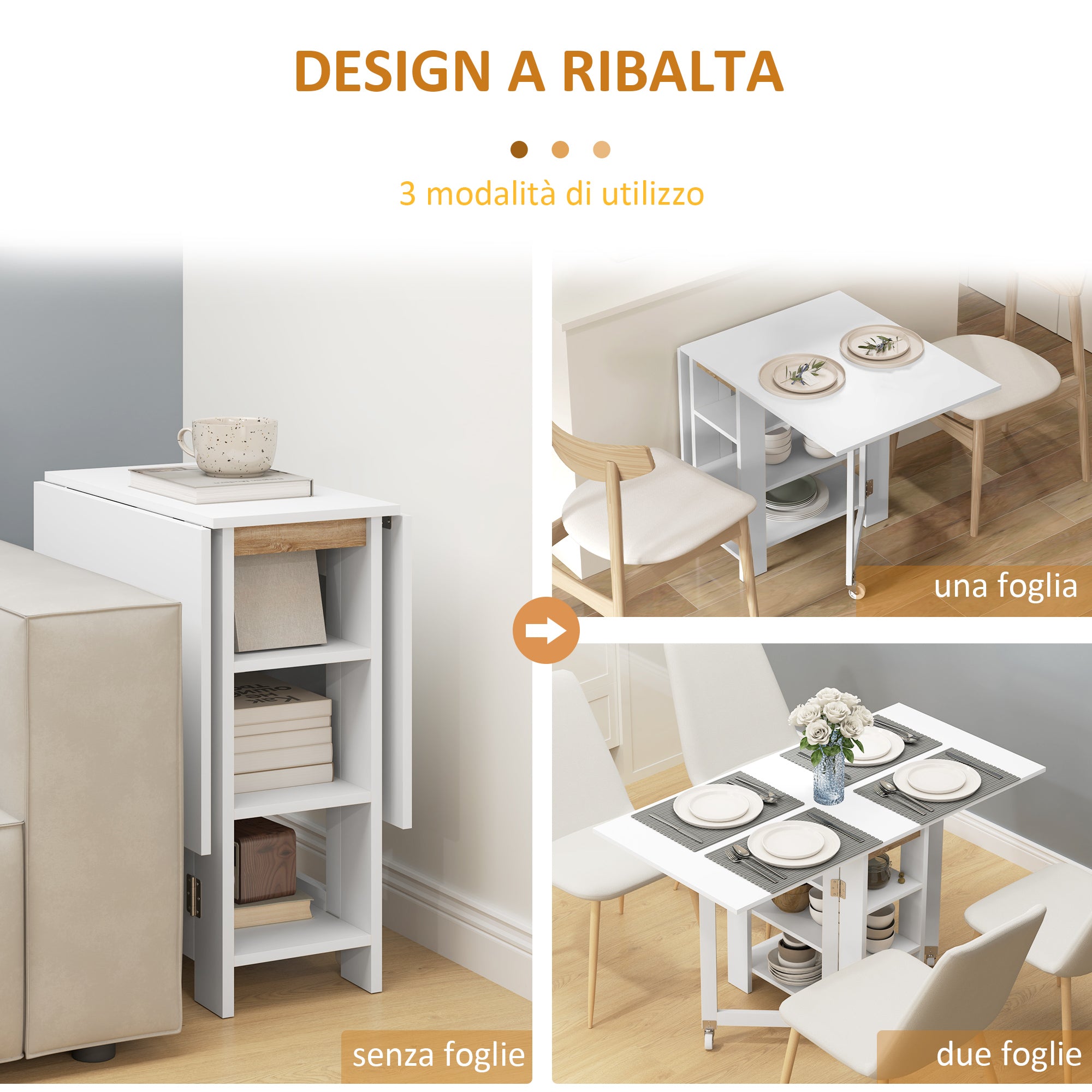 Folding Dining Table with 2 Drop-Leaf Tops and Shelves, Expandable, for 4 People, 120x60x75 cm, White