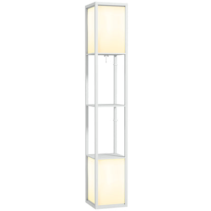 Modern Floor Lamp with 2 Lampshades and 2 Shelves for E27 Max. 40W Bulbs, 26x26x156 cm, White