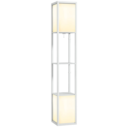 Modern Floor Lamp with 2 Lampshades and 2 Shelves for E27 Max. 40W Bulbs, 26x26x156 cm, White