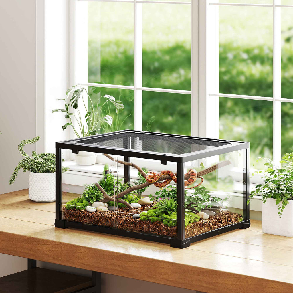 PawHut Raised Reptile House with Double Lock and Glass Walls, 60x45x32 cm, Black