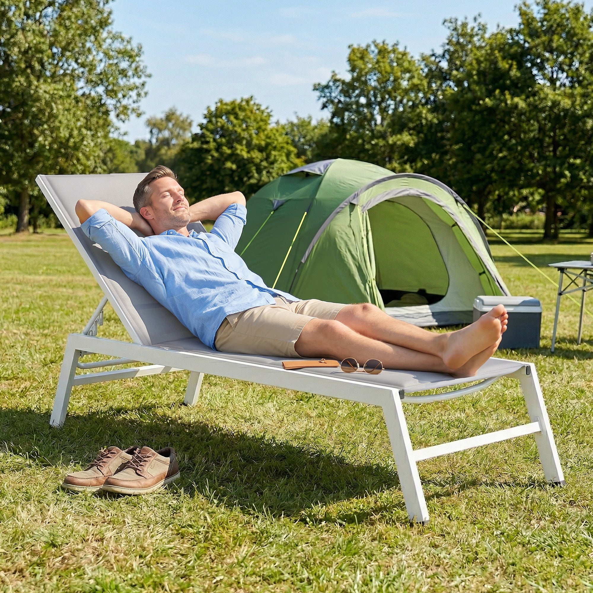 Outsunny Padded Deck Chair, 6-Position Backrest, Aluminum Frame, 120 Kg Capacity, Light Gray