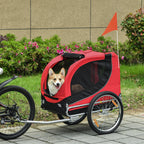 Medium Dog Bike Trailer with Attachment Point, Side Windows and Flag, Steel and Oxford Fabric Bike Trailer, 130x73x90 cm, Red and Black