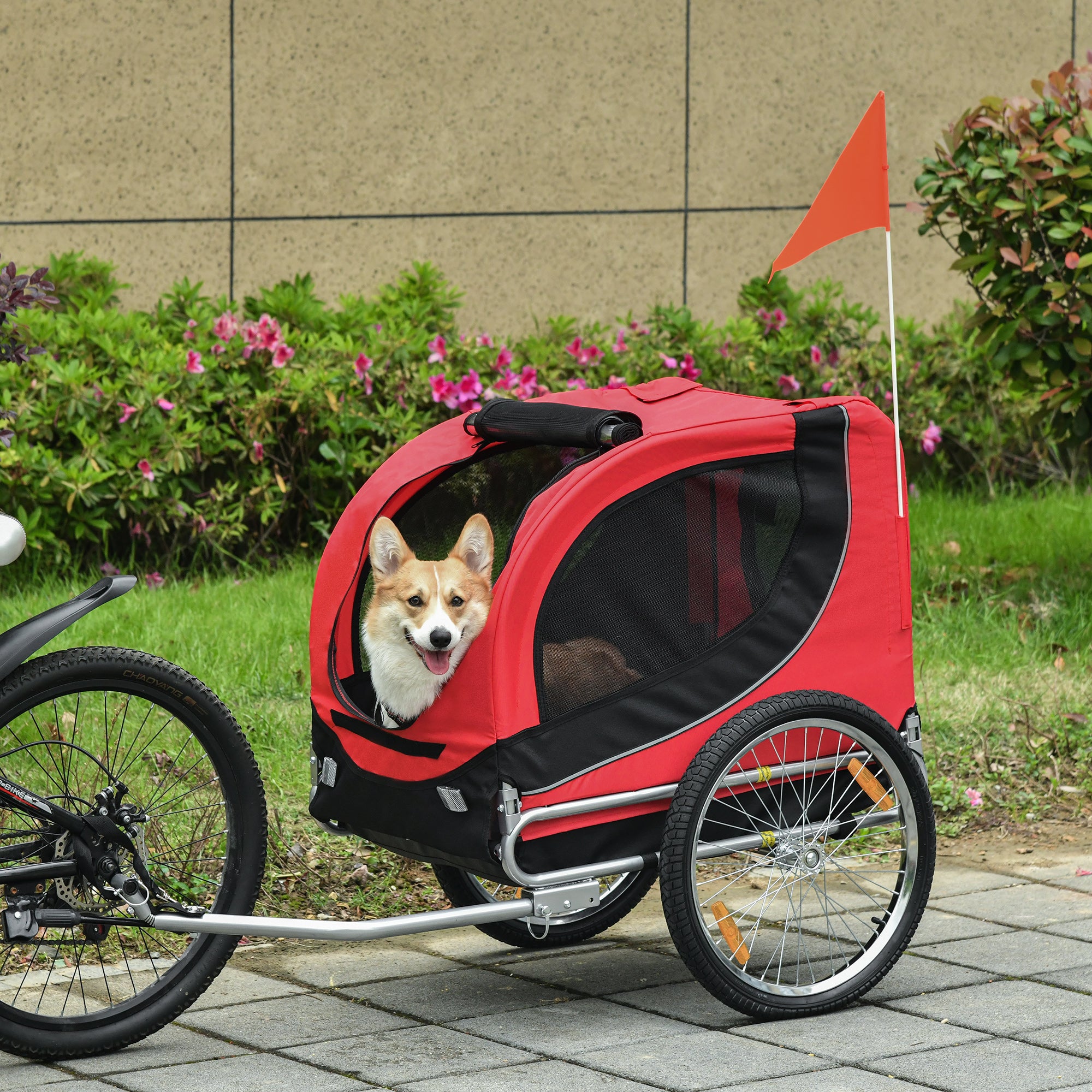 Medium Dog Bike Trailer with Attachment Point, Side Windows and Flag, Steel and Oxford Fabric Bike Trailer, 130x73x90 cm, Red and Black