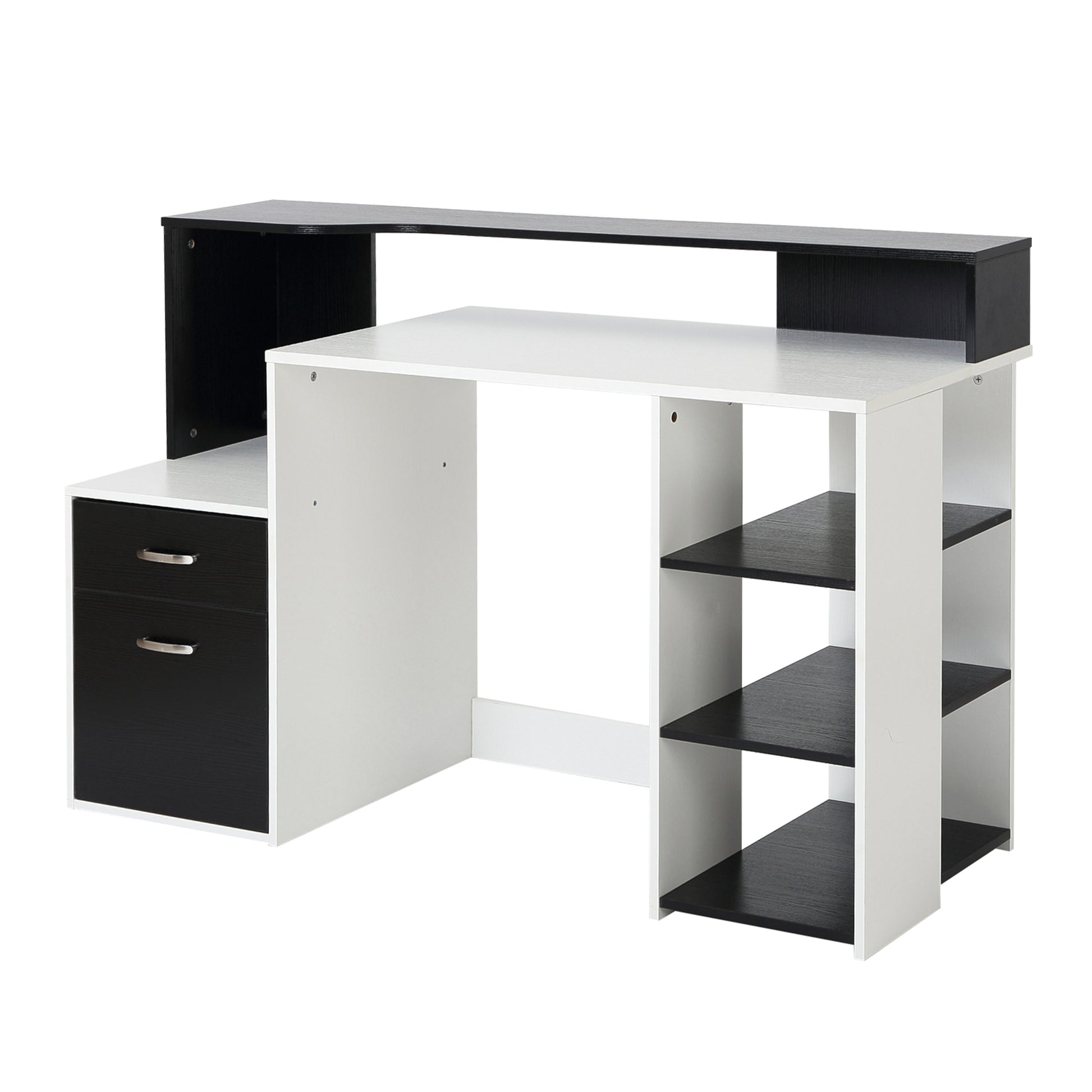 Homcom office desk with printer shelf, 2 drawers and 3 shelves, in black and white mdf, 137 x 55 x 92cm - Borgè