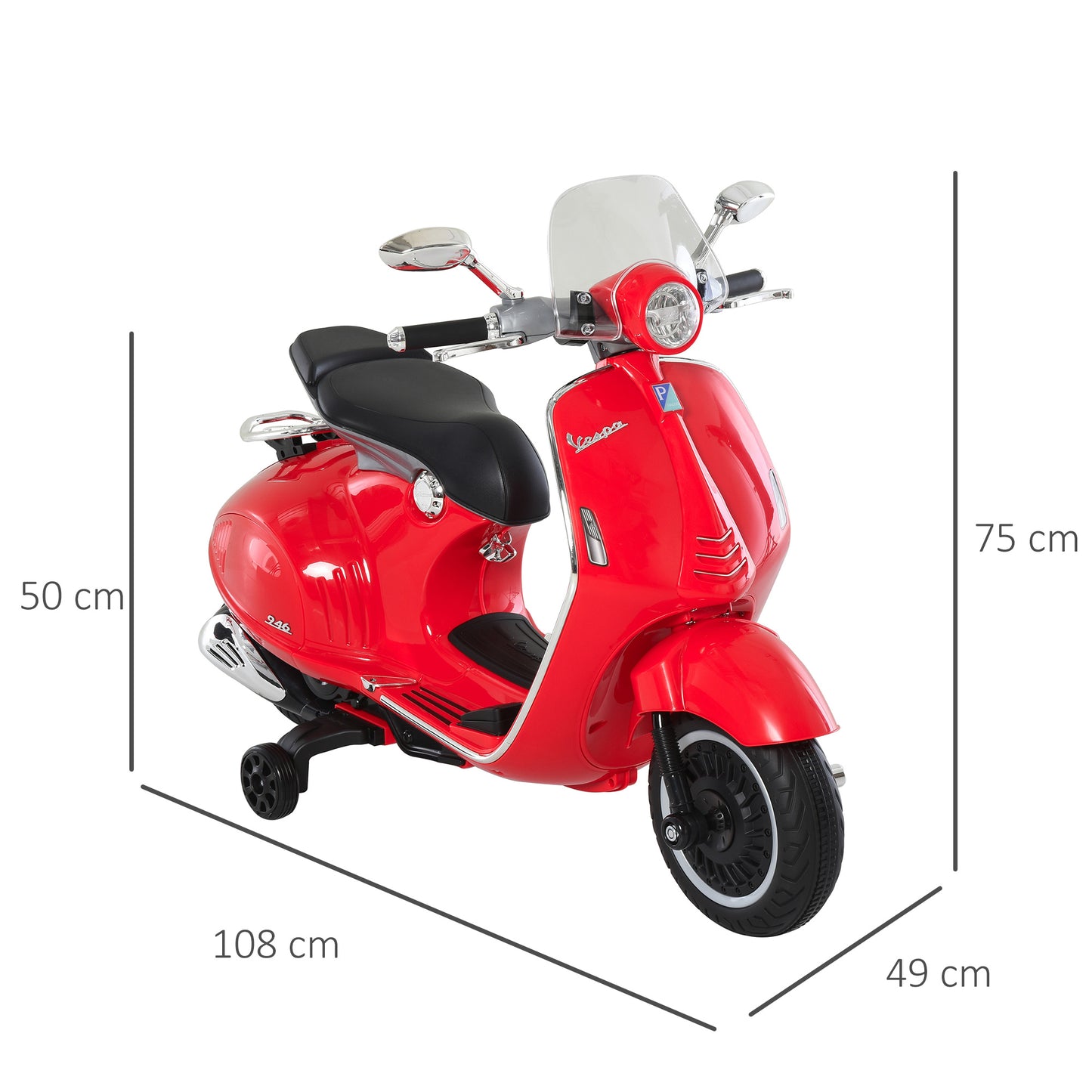 Electric Motorcycle for Children with Official Vespa License, 2 Wheels, Lights and Sounds, 108x49x75 cm, Red