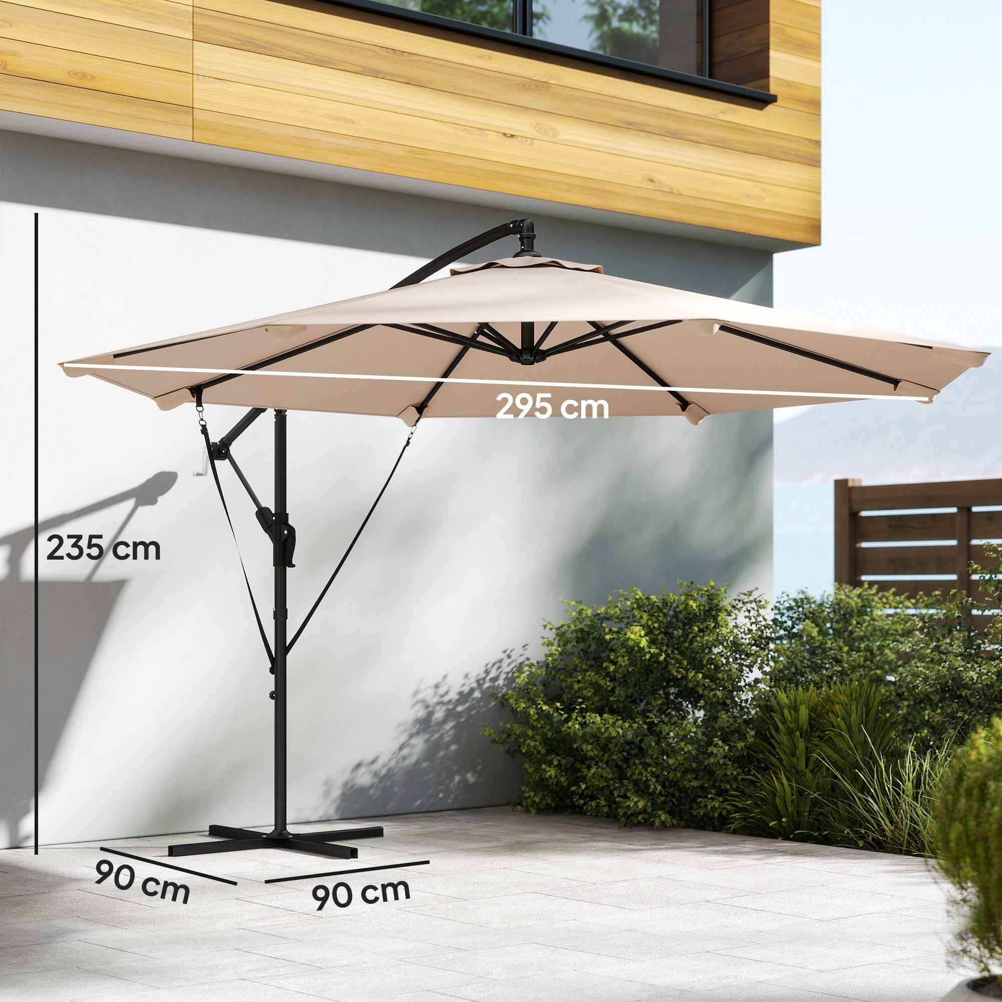 Outsunny 3m Cantilever Umbrella with Cross Base and Crank Handle, in Metal, PP and Polyester, Khaki