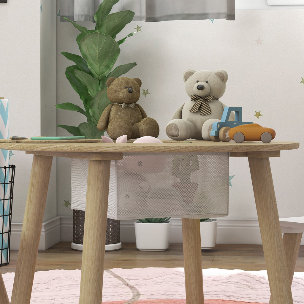 Children's Table and 2 Chairs Set with Teddy Backrest, Coffee Table with Storage, White and Wood