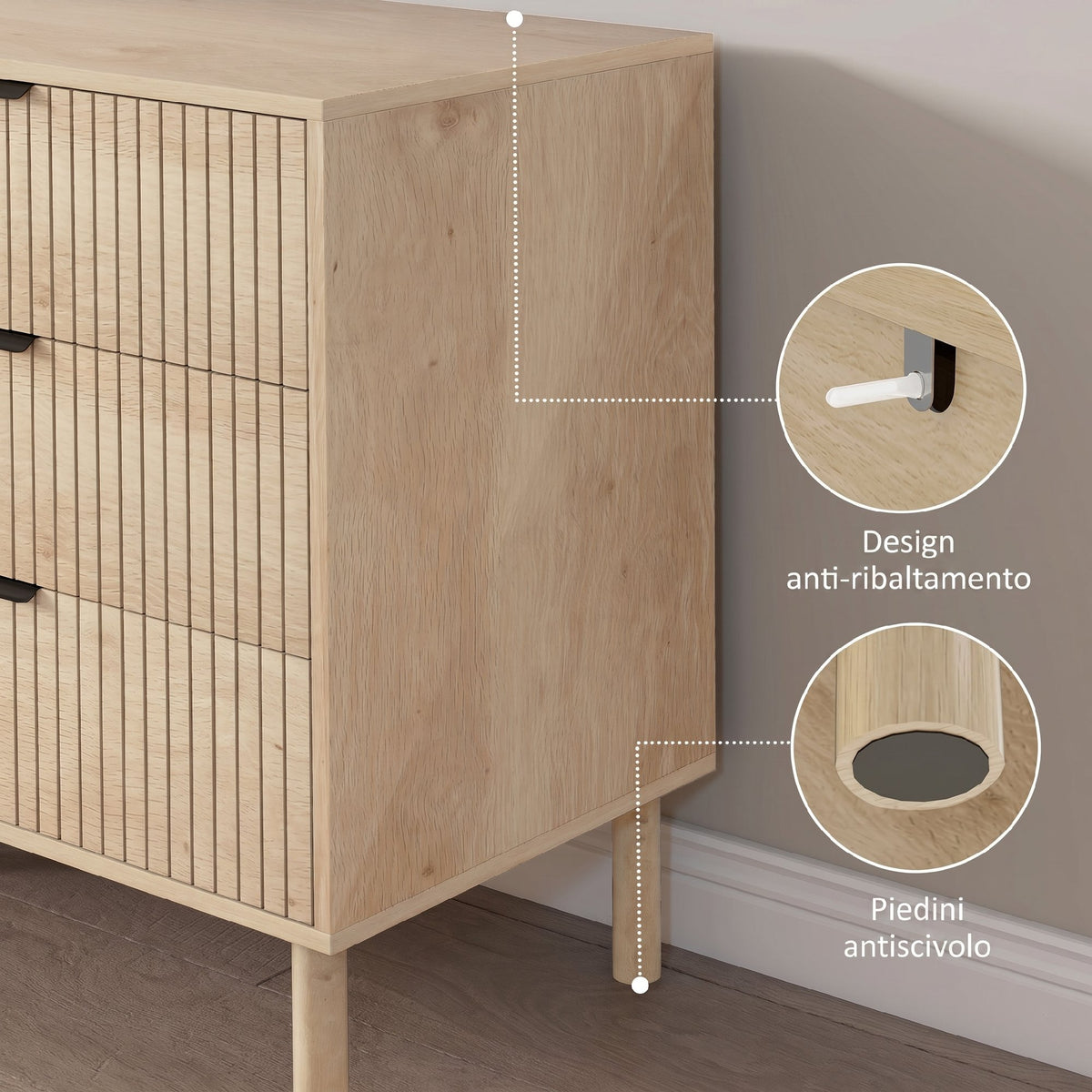 HOMCOM Nordic Style 6-Drawer Wooden Chest of Drawers for Bedroom and Entrance, 120x39.5x75 cm, Oak