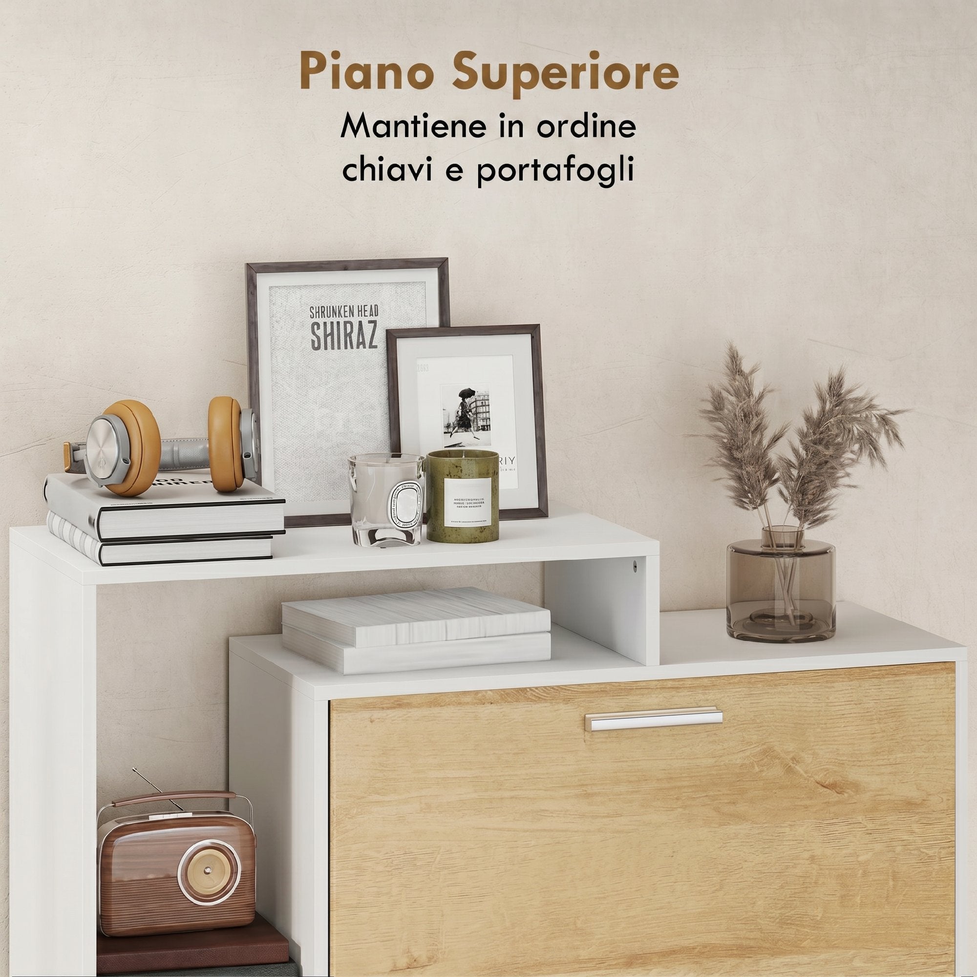 HOMCOM Shoe Cabinet with 2 Hinged Drawers and Shelves, White and Natural Wood.