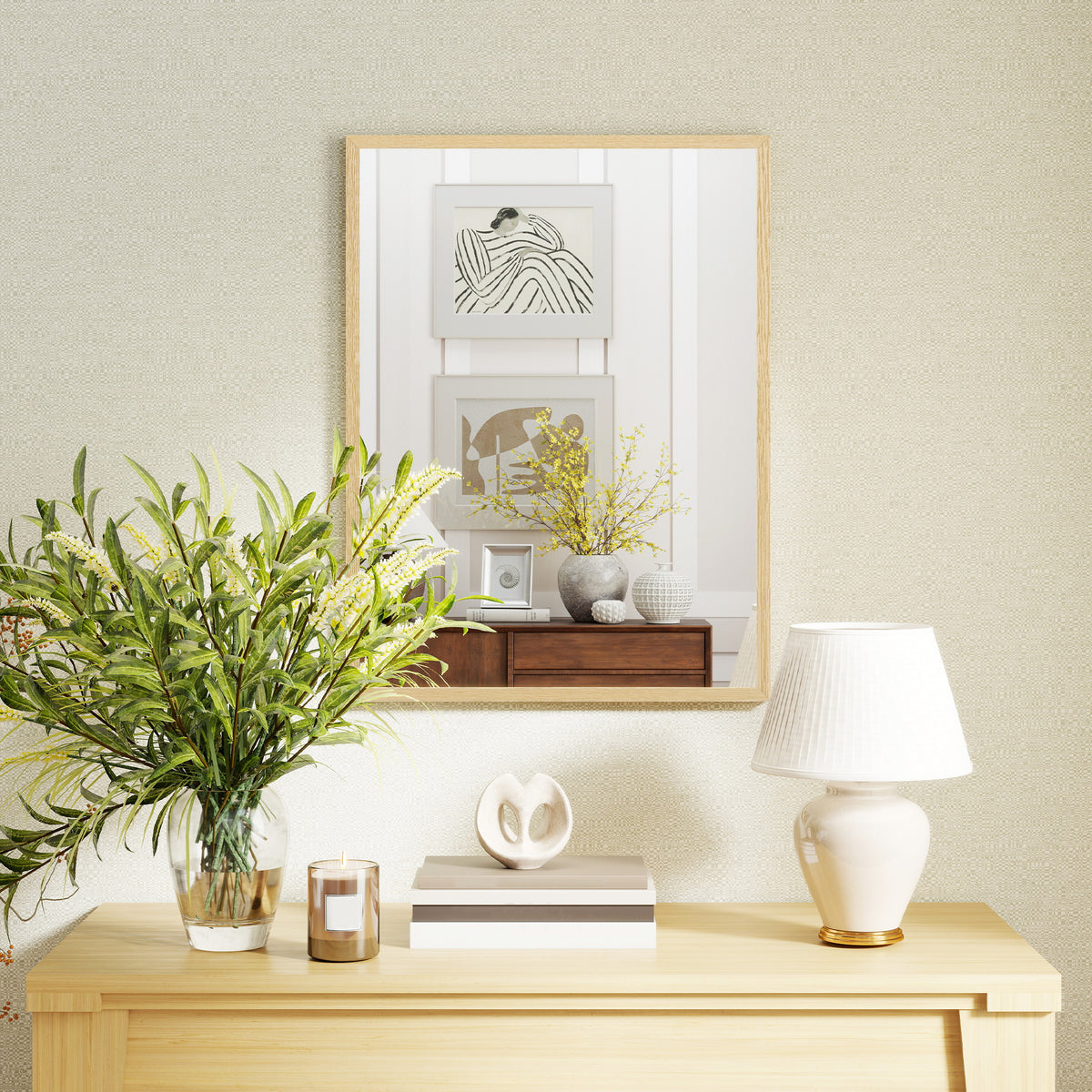 HOMCOM Rectangular Wall Mirror with Hooks, Glass and MDF, 60x80 cm, Wood Color