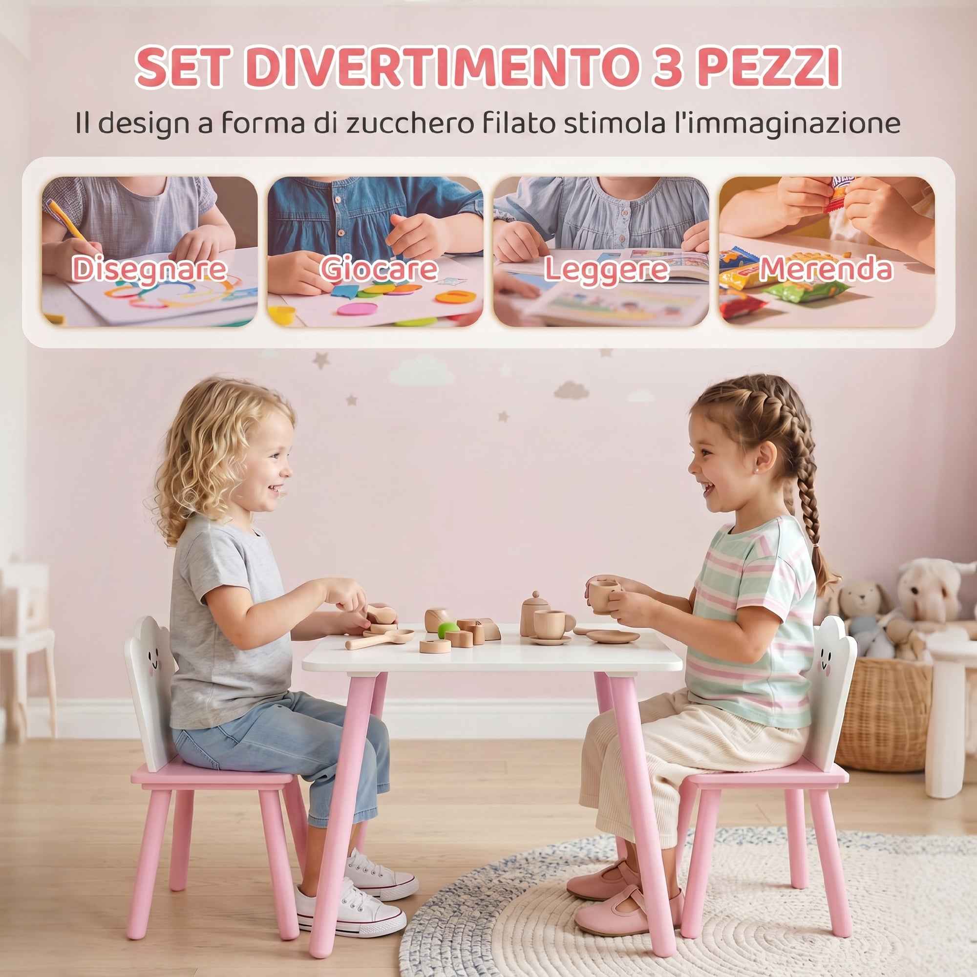 AIYAPLAY Wooden Table and 2 Chairs Set for Children Ages 3-6 with Rounded Corners, Pink