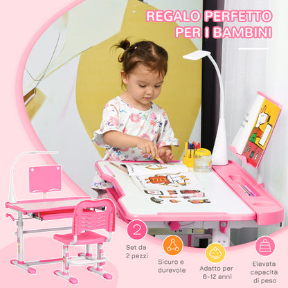 Children's Desk Set for 6-12 Years with Height-Adjustable Chair, Drawer, Light and Tiltable Top, Pink