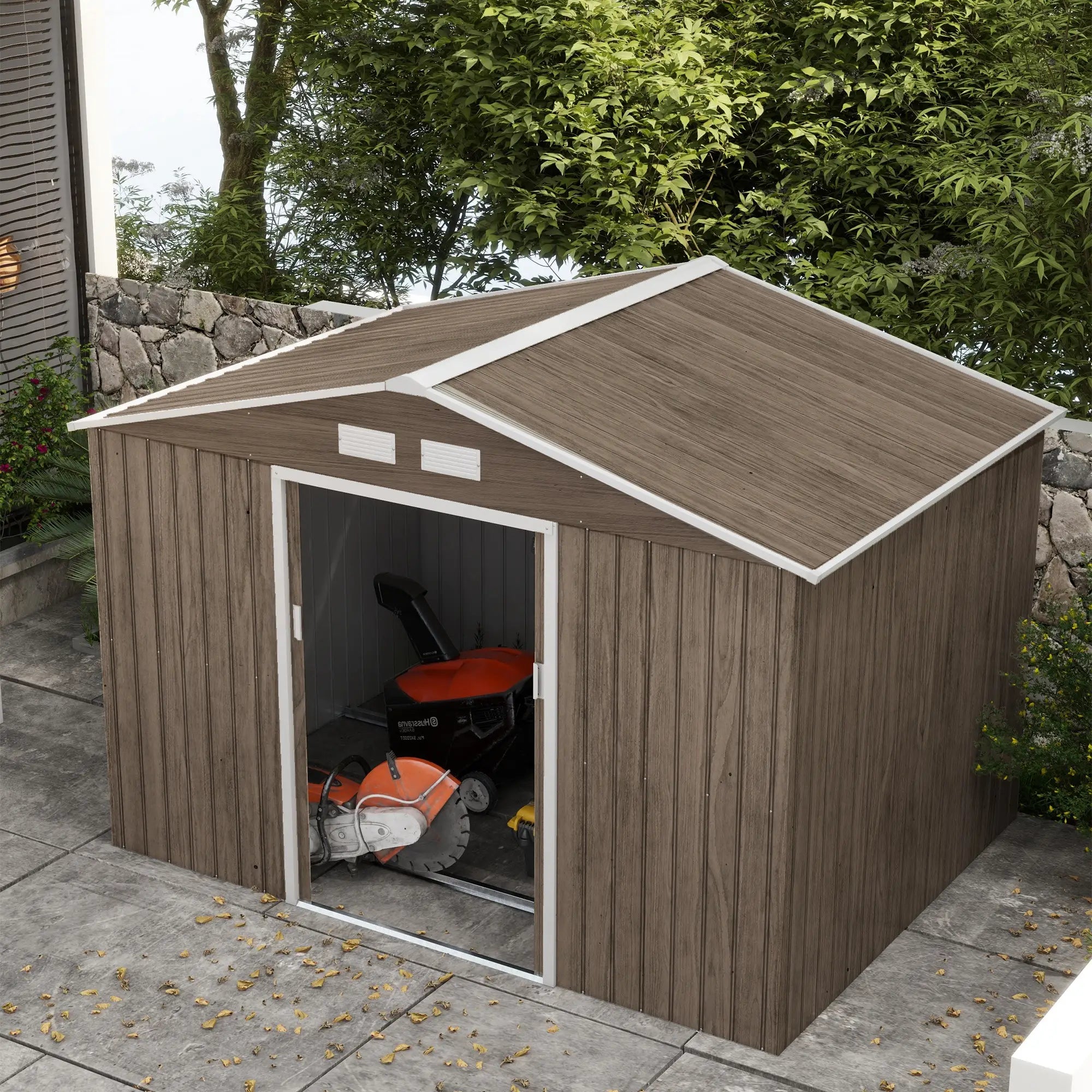 Steel Garden Shed with 4 Air Vents and 2 Sliding Doors, 277x195x192 cm, Light Brown