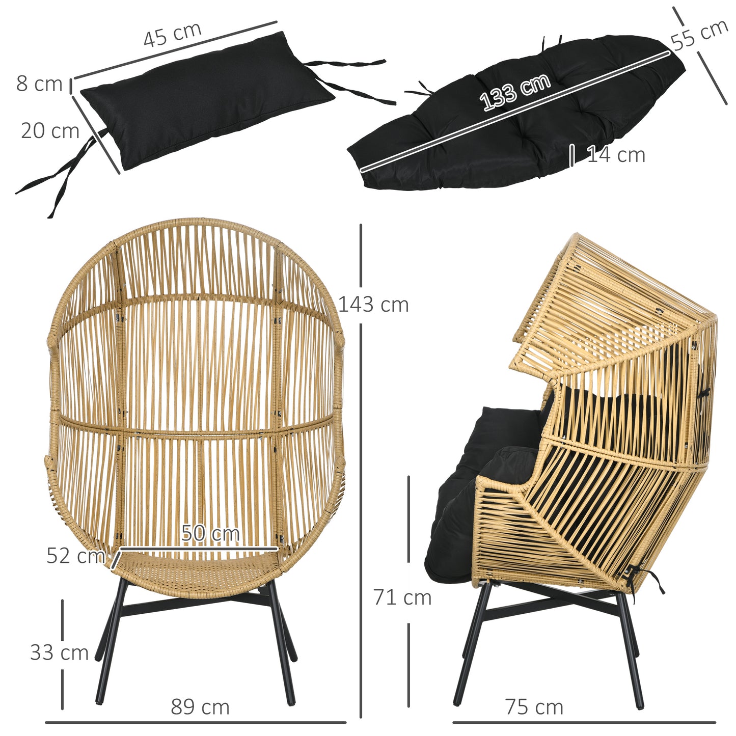 Outsunny Egg-shaped Garden Armchair with Headrest and Seat Cushions, in Rattan and Steel, 89x75x143 cm