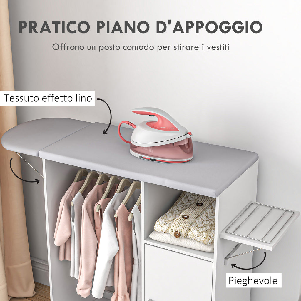 Mobile Ironing Board with Shelf, 3 Cube Shelves and Guide, 107x42.5x99cm, White - Borgè