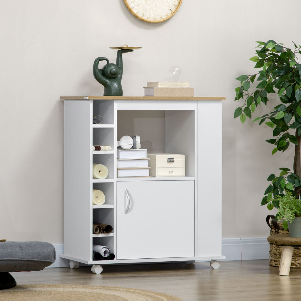 Kitchen Trolley with Cabinet and Adjustable Shelves, Swivel Wheels and Brake, 75x39.5x88 cm, White