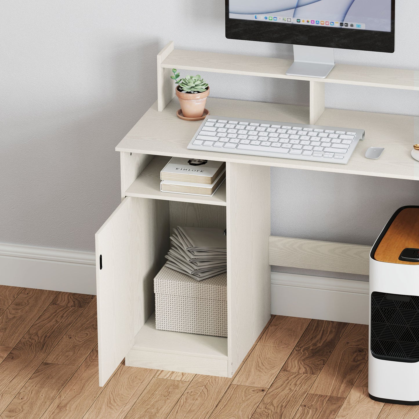 Modern Desk with Monitor Stand, Cabinet and Shelves, 108x50x94 cm, Cream