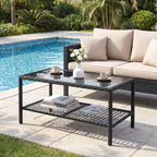 Outsunny 2-Tier Coffee Table with Tempered Glass Top and Shelf, Steel and Rattan, 92x50x45 cm, Black
