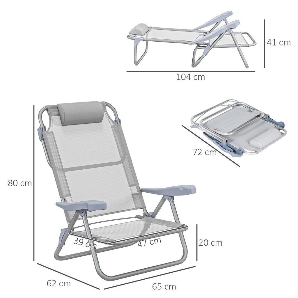 Set of 2 Folding and Reclining Camping Chairs on 6 Levels, in Aluminum and Foam, 62x65x80 cm, Light Gray