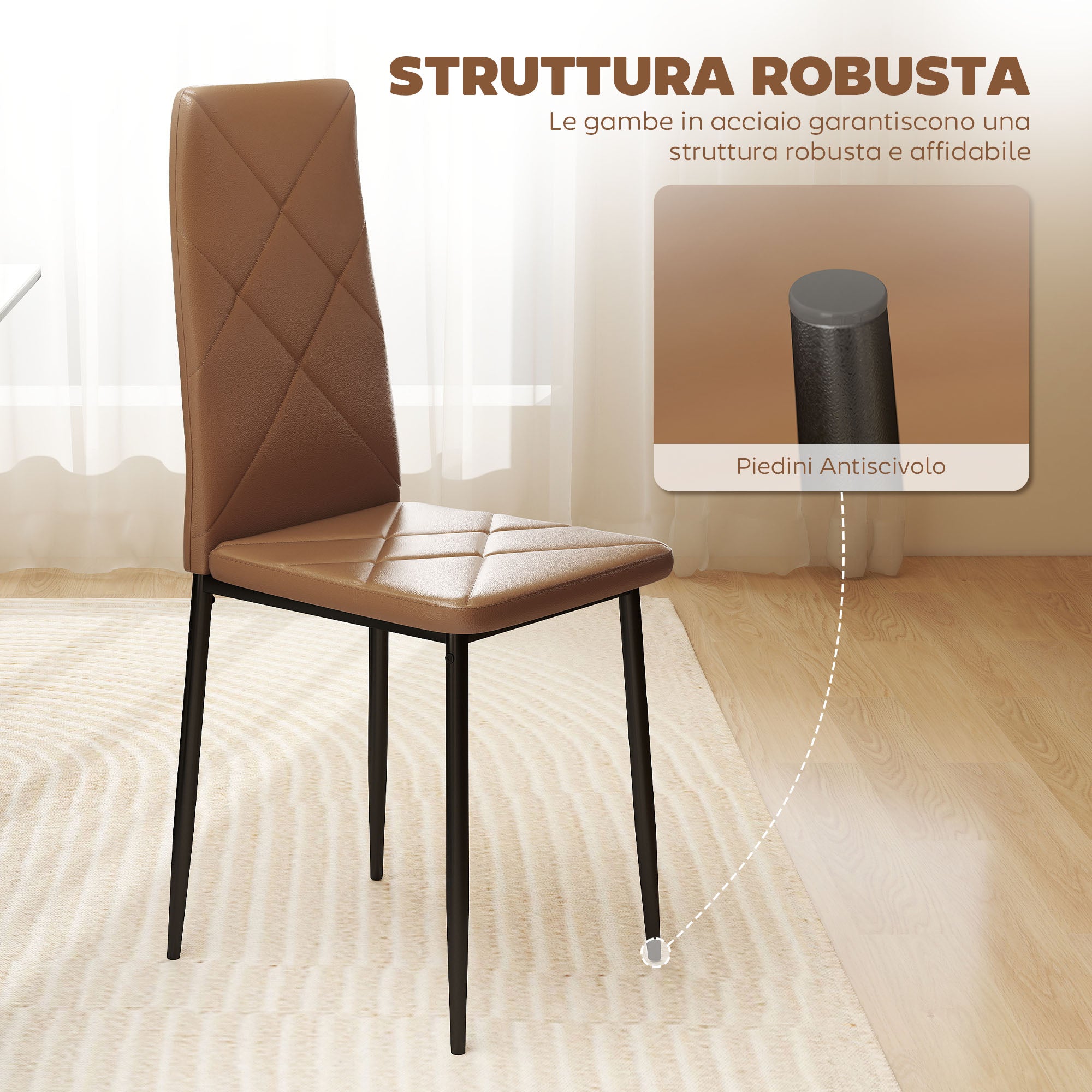 Set of 4 Modern High-Back Dining Chairs in Faux Leather and Steel, 41x50x97 cm, Brown