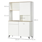 Kitchen Pantry in Chipboard and MDF with Open Shelves, Cabinets and Drawer, 119x41x180 cm, White