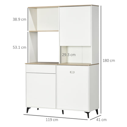 Kitchen Pantry in Chipboard and MDF with Open Shelves, Cabinets and Drawer, 119x41x180 cm, White