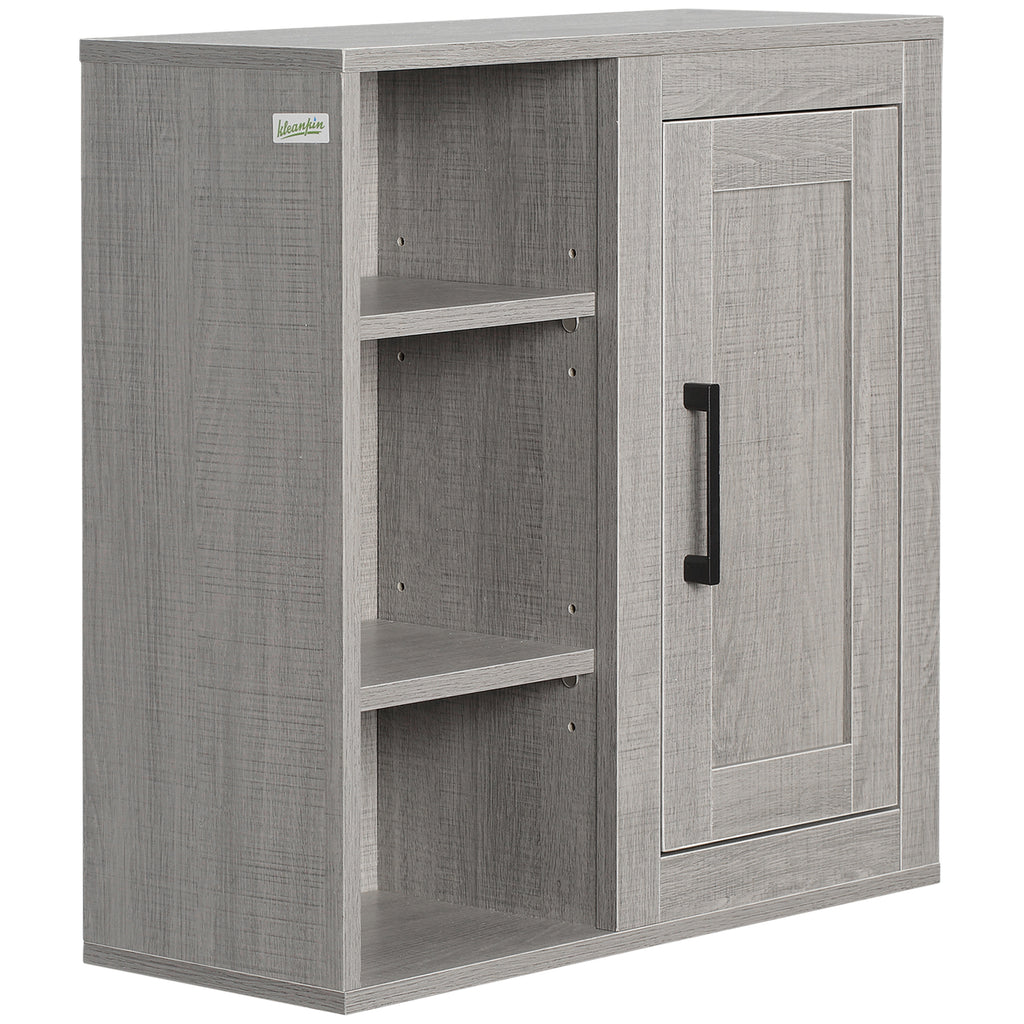 kleankin Bathroom Wall Unit with 3 Open Shelves and Chipboard Cabinet, 48x20x50cm, Gray - Borgè